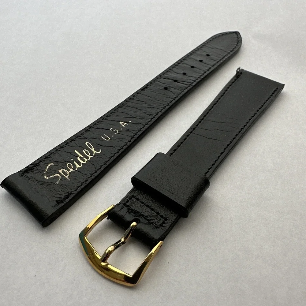 Speidel USA Vintage Black Genuine Cowhide Saddle Leather Watch Strap 3/4‎ L Gold